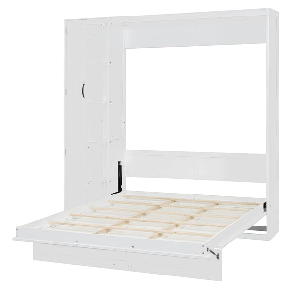 English Elm Queen Murphy Wall Bed with Led Lighting Open Shelves and Wardrobe Cabinet Storage White LP000899AAK-1