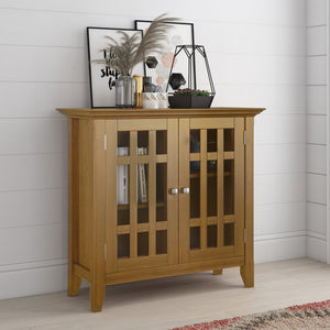 English Elm Bedford - Handcrafted Low Storage Media Cabinet In Light Golden Brown With Glass Doors & Shelves B136P158478