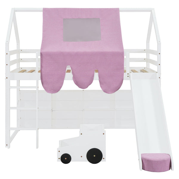 English Elm Twin House Loft Bed with Tent Canopy Slide and Shelves Pinewood Kids Frame White LT000682AAK