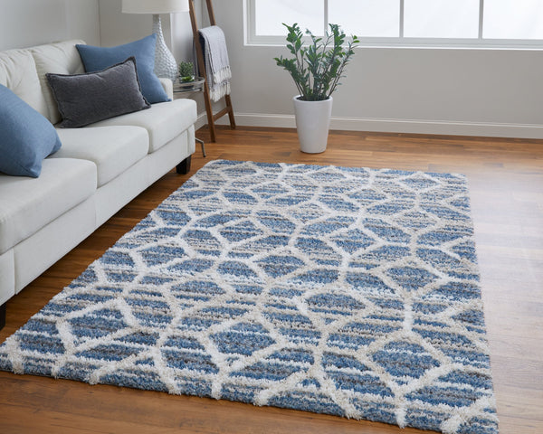 Feizy Rugs Mynka High Pile Geometric Area Rug - Pet-friendly, Stain Resistant, Ideal For High Traffic Spaces Blue,Ivory Polyester Myn39icfblu000p00