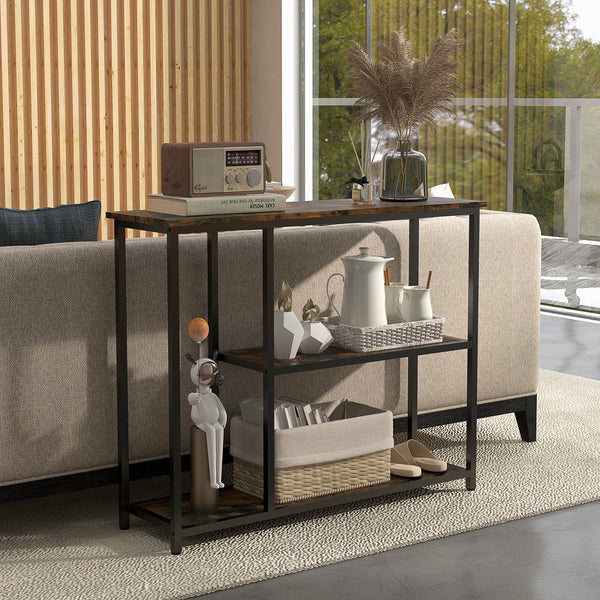 English Elm HOMCOM 39" Console Table with 2 Shelves, Steel Frame Entryway Sofa Table, Narrow Modern Brown W2225P229241