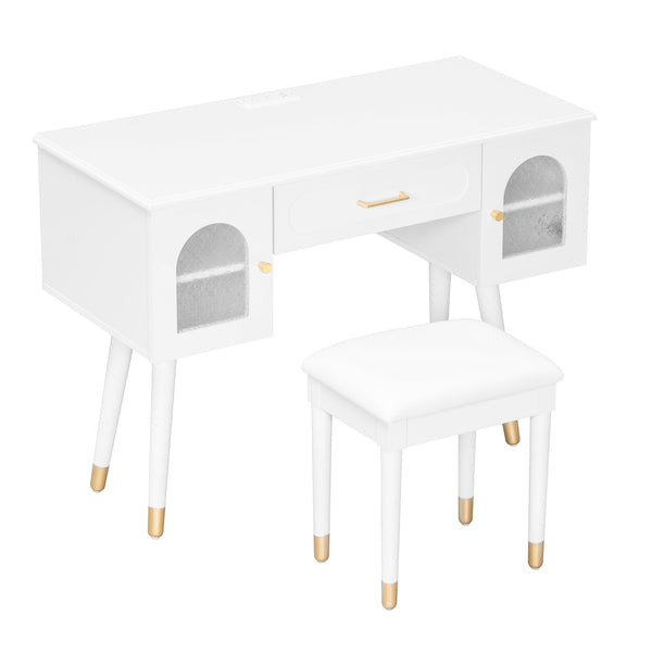 English Elm Elegant Vanity Makeup Table with Charging Station & Carved Glass Door, Sturdy Stool Included White N844P285188A