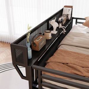 English Elm Full Size Metal Loft Bed with Wardrobe Stairs Rgb Lighting Industrial Frame W2580S00051