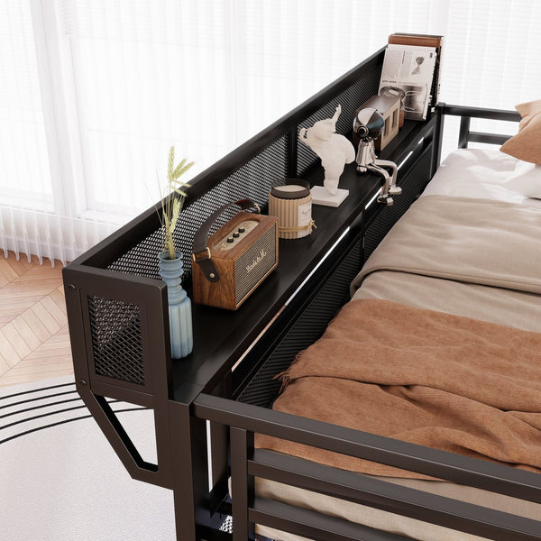 English Elm Full Size Metal Loft Bed with Wardrobe Stairs Rgb Lighting Industrial Frame W2580S00051
