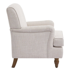 English Elm Vintage Linen Armchair with Rolled Arms and Turned Wood Legs — Plush Cushions, Sturdy Support, Timeless Accent for Living Spaces Beige 29.84 L x 29.5 W x 18.42 H N701P326070A