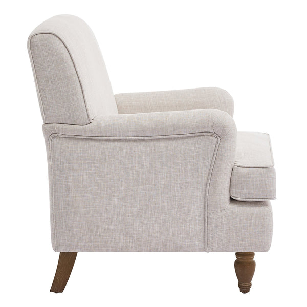 English Elm Vintage Linen Armchair with Rolled Arms and Turned Wood Legs — Plush Cushions, Sturdy Support, Timeless Accent for Living Spaces Beige 29.84 L x 29.5 W x 18.42 H N701P326070A