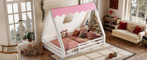 English Elm Twin Montessori Floor Bed Solid Pine Teepee Frame with Guardrails and Canopy Light White+Pink W1580P369467