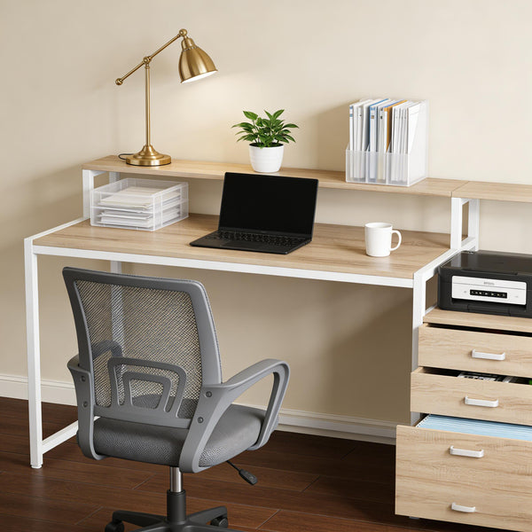 English Elm Sturdy Two-tier Computer Desk with File Cabinet and Monitor Riser for Home Office Natural,White T3971P450935