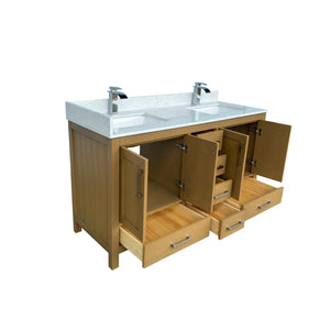 English Elm 60" Double Sink Vanity Solid Wood Cabinet Carrara Marble Top Brown Oak Finish T3785P442236
