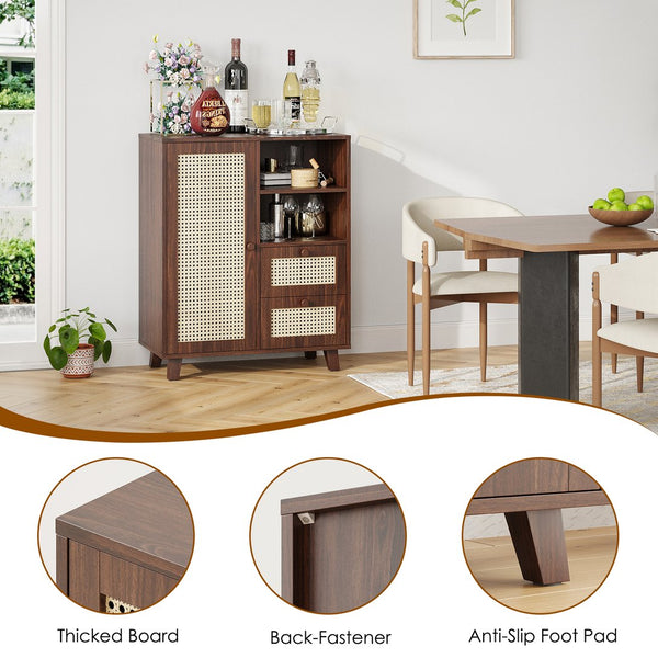 English Elm Rattan Cane Front Sideboard with Drawers Adjustable Shelf Bohemian Storage Cabinet Walnut T3623P434733