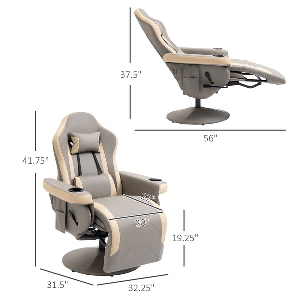 English Elm HOMCOM Grey PU Leather Recliner Armchair with 135° Recline, 360° Swivel, Cup Holder & Storage Pocket, Adjustable Headrest and Footrest W2225P173864