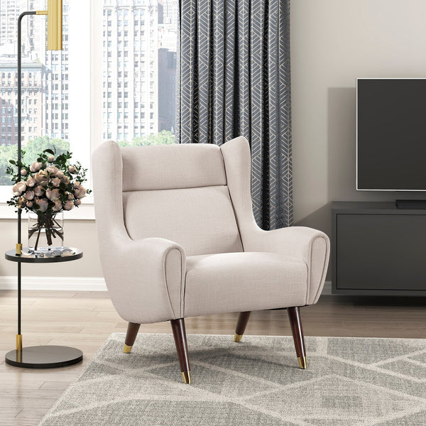 English Elm Modern Wingback Upholstered Accent Chair with Solid Wood Frame, Gold-Tip Legs, Plush Pocket Coil Comfort Beige 30.5 L x 33.5 W x 32 H B011P393050