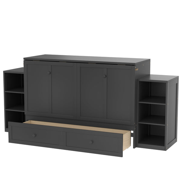 English Elm Queen Murphy Wall Bed with Open Shelves and Drawers for Guest or Office Rooms Dark Gray W5316S00009