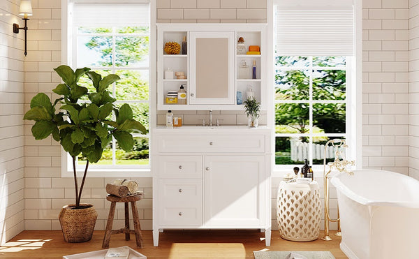 English Elm 36'' Modern Bathroom Vanity with Mirror Cabinet and Sink, Spacious Storage, Soft-Close Doors & Drawers White SW000134AAK-3