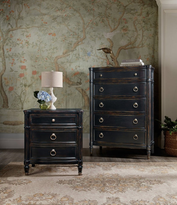 Hooker Furniture Charleston Maraschino Cherry Three-Drawer Nightstand With Soft-Close Drawers, Felt Liner, Usb Charging Black 6750-90015-97