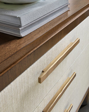 Hooker Furniture Eleana Walnut Three Drawer Chest With Beige Grass-Cloth Fronts, Sunlit Bronze Hardware, Transitional Style 7252-85004-85