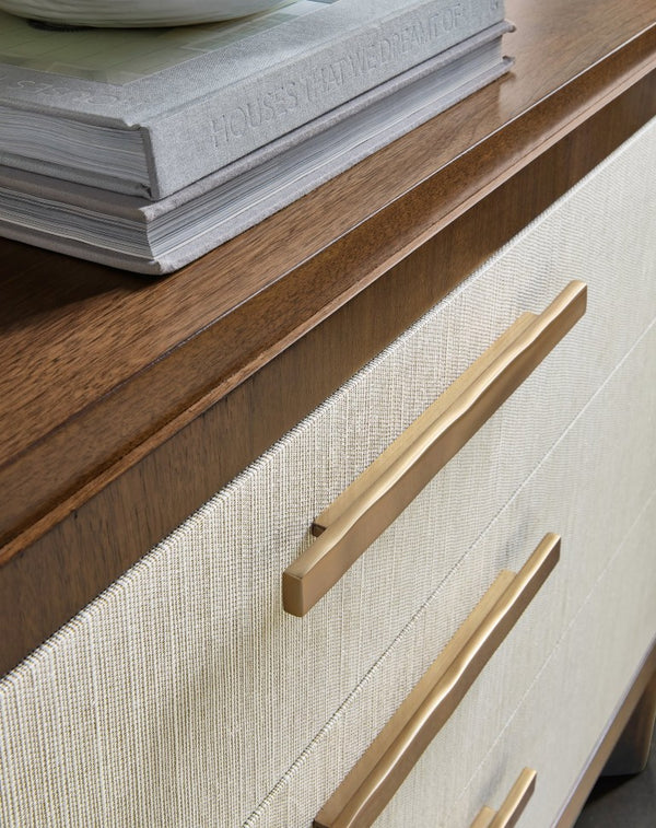 Hooker Furniture Eleana Walnut Three Drawer Chest With Beige Grass-Cloth Fronts, Sunlit Bronze Hardware, Transitional Style 7252-85004-85