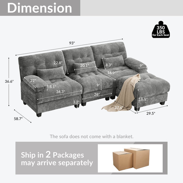 English Elm Ottoman and Chenille Sofa Set with Adjustable Backrest for Relaxed Living Room Comfort Gray W2606P359228