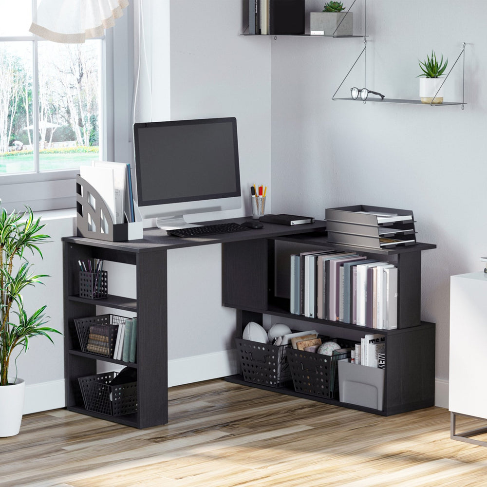 English Elm HOMCOM L Shaped Corner Desk with 360° Rotating Shelves, Space-Saving Workstation, Sturdy Black W2225P173999