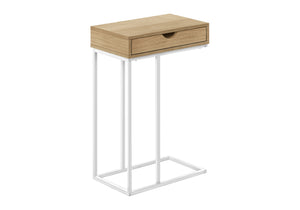 English Elm Accent C-shaped End Table with Sliding Base and Storage Drawer — Contemporary Metal Frame Design Natural 23 L x 17 W x 3 H B2710P219424