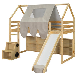 English Elm Twin House Loft Bed with Tent Canopy Slide and Shelves Pinewood Kids Frame Natural LT000682AAD