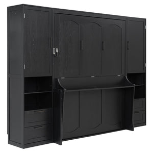 English Elm Queen Murphy Fold Down Wall Bed with Wardrobe Drawers and Shelves for Guest Rooms LP000909AAB