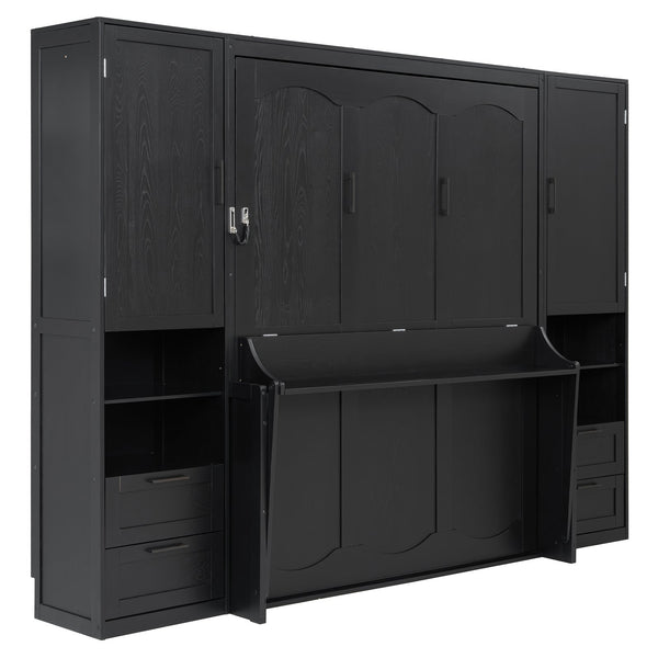 English Elm Queen Murphy Fold Down Wall Bed with Wardrobe Drawers and Shelves for Guest Rooms LP000909AAB