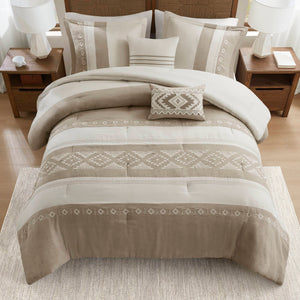 English Elm 5-piece Micro Suede Comforter Set with Geometric Embroidery for Full Queen Beds B035P408734