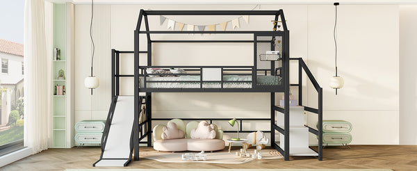 English Elm Full Full House Loft bed with Slide and Stairs, Metal House Play Loft with Storage Shelves and Quiet Design Black W1580S00350