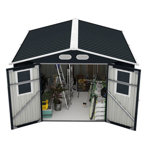 English Elm Outdoor Metal Storage Shed 8x8 Ft with Four Windows and Lockable Double Doors Dark Gray W1598S00041
