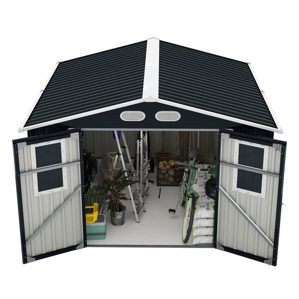English Elm Outdoor Metal Storage Shed 8x8 Ft with Four Windows and Lockable Double Doors Dark Gray W1598S00041