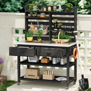 English Elm K&K 64.9" Outdoor Potting Bench with 1.2" Stainless Steel Top, Lockable Wheels, Hutch & Drawers Black N707P228274B