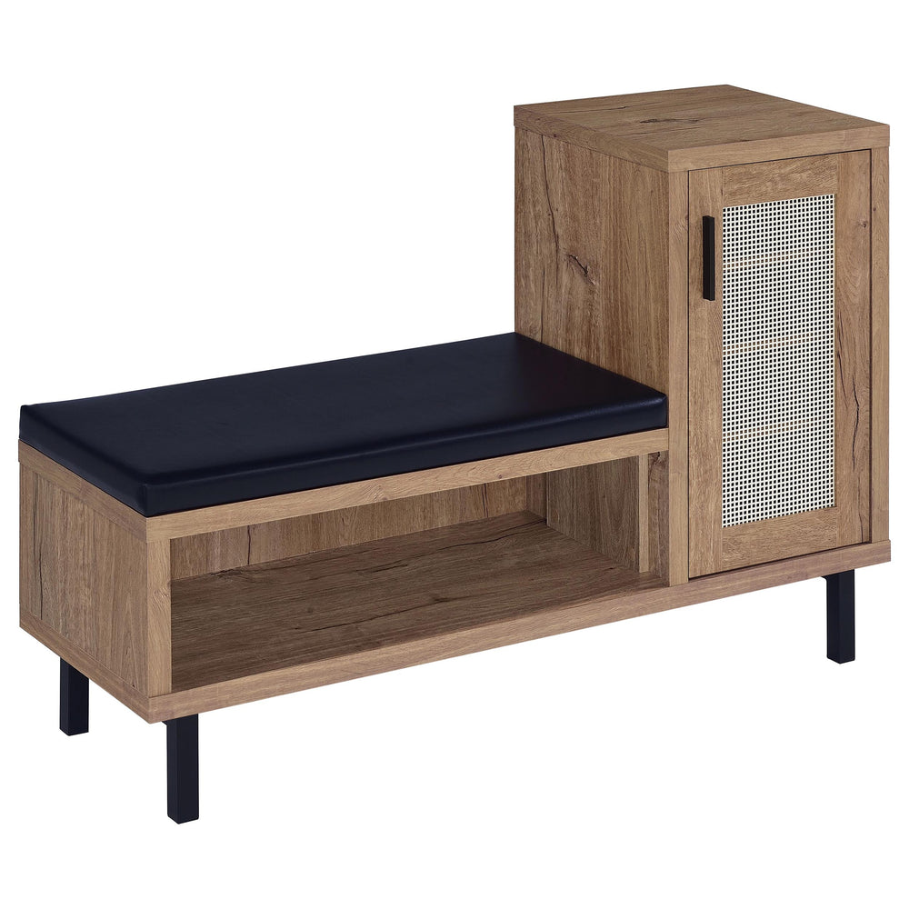 English Elm Stagg Oak Finish Entryway Bench with Cane Door Panel and Four Tier Shoe Storage B062P451791