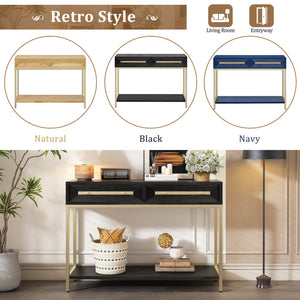 English Elm Trexm Retro Modern Console Table Two Drawers Geometric Matte Black Gold Entryway N715P227910B