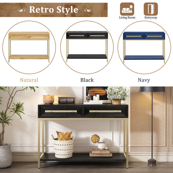 English Elm Trexm Retro Modern Console Table Two Drawers Geometric Matte Black Gold Entryway N715P227910B