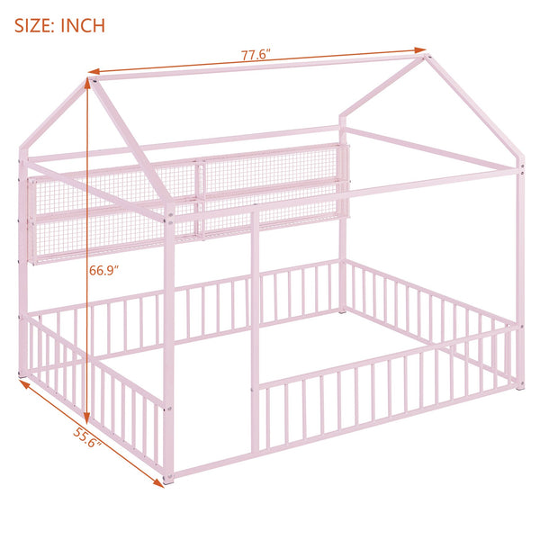 English Elm Full Metal House Bed Frame Full Size with Built-In Fence and 4 Grid Shelves for Durable Storage and Style Pink N737P175361H