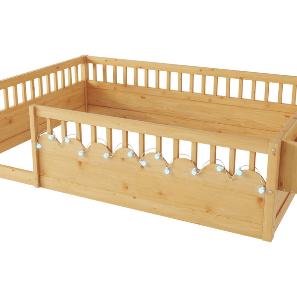 English Elm Full Montessori floor bed offering high rails, built-in light and shelf for safe independent sleep and storage Natural 79.13 L x 13 W x 6.3 H W2593P333587