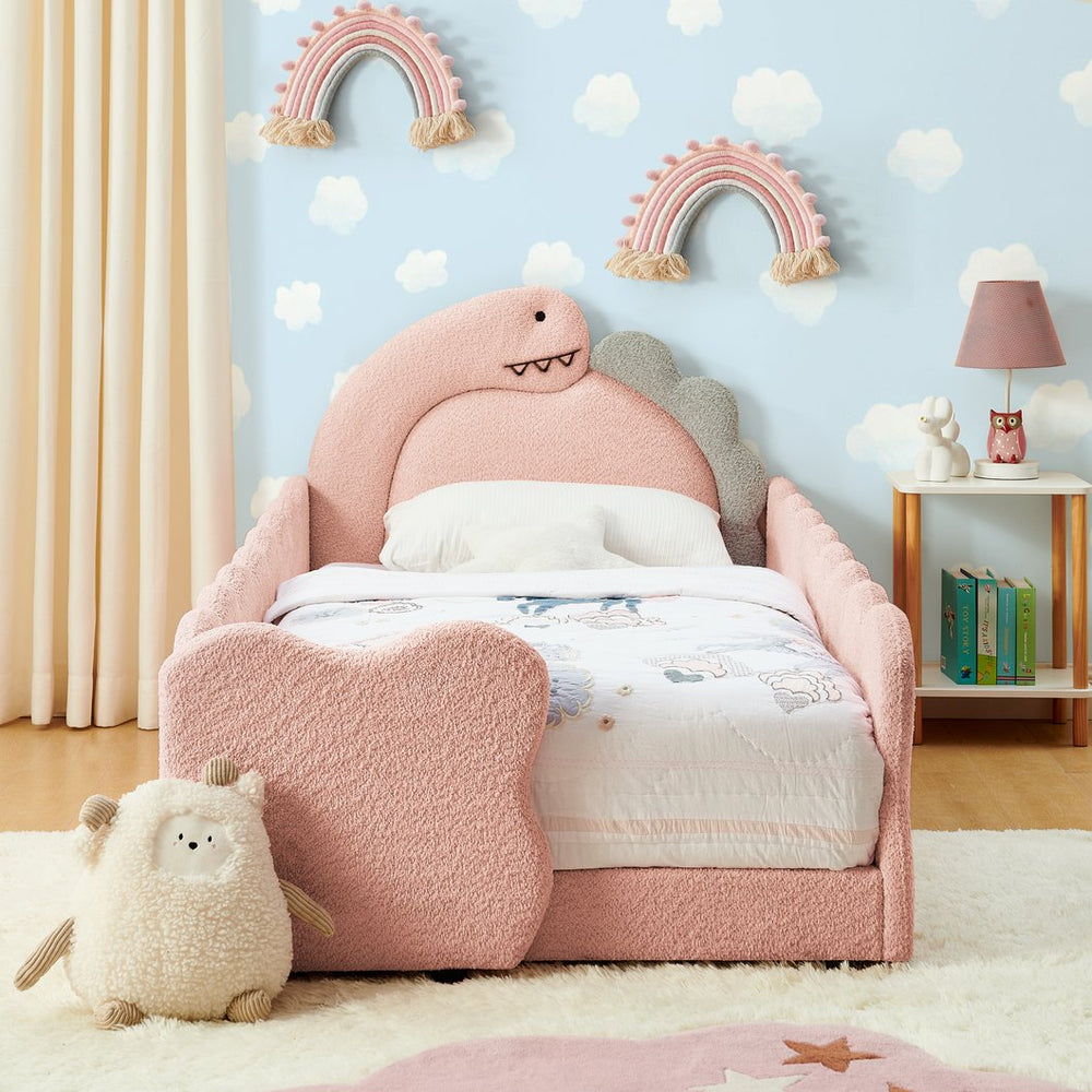 English Elm Twin Dinosaur Boucle Upholstered Kids Bed Solid Wood Frame with Padded Safety Rails Pink W1413P384917
