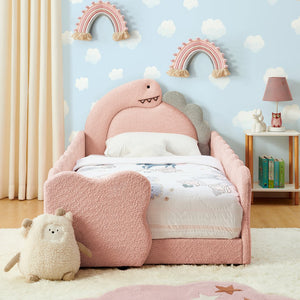 English Elm Twin Dinosaur Boucle Upholstered Kids Bed Solid Wood Frame with Padded Safety Rails Pink W1413P384917