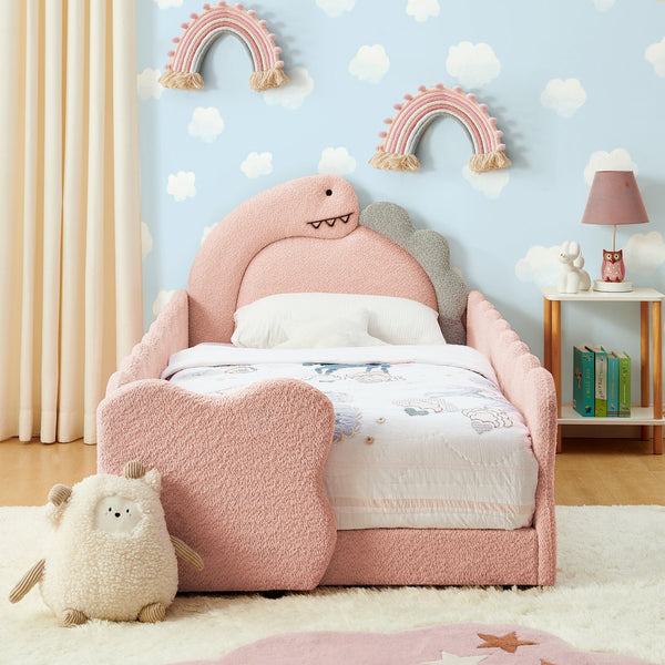 English Elm Twin Dinosaur Boucle Upholstered Kids Bed Solid Wood Frame with Padded Safety Rails Pink W1413P384917