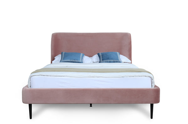 English Elm Full Velvet Upholstered Bed Arched Headboard Mid-century Style with Metal Legs Pink+Black B365S00146