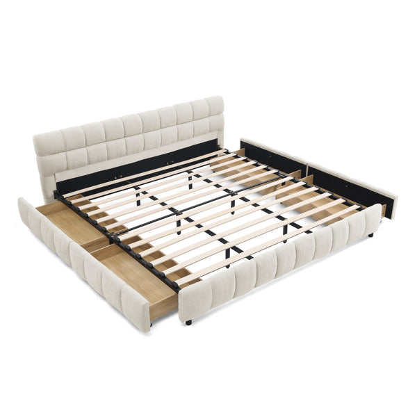 English Elm California King Platform Bed Chenille Upholstered Frame with Storage Drawers Modern Beige W487S00422