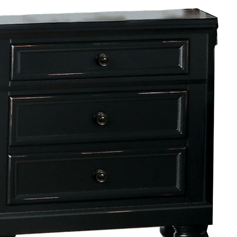 English Elm Transitional Black Wood Nightstand with Bun Legs and Three Drawer Hidden Storage B056P417105
