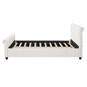 English Elm Queen Linen Upholstered Bed Frame Thick Rolled Headboard Solid Rubberwood Legs Bedroom White N757Q384827W