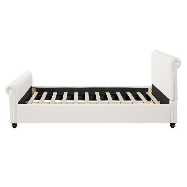 English Elm Queen Linen Upholstered Bed Frame Thick Rolled Headboard Solid Rubberwood Legs Bedroom White N757Q384827W