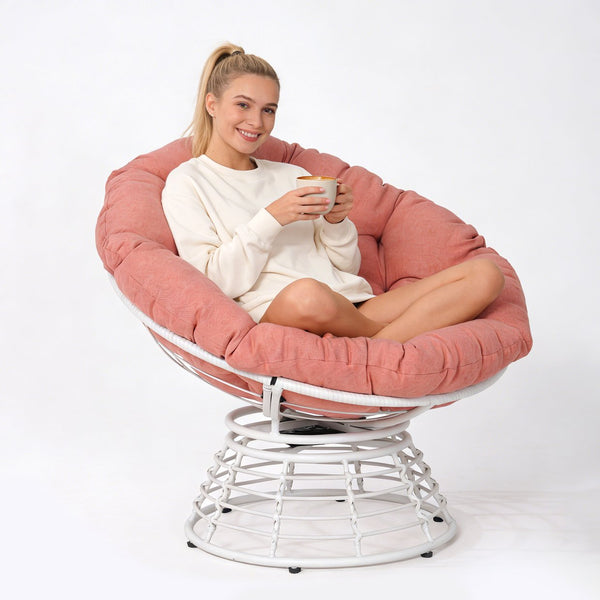 English Elm Oversized Papasan Swivel Chair Woven Resin Wicker Bowl Seat with Plush Foam Cushion White+Red T5880P492324