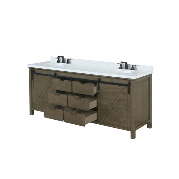 English Elm Rustic Brown Double Bath Vanity 84" W X 22" D, Stunning White Quartz Top & Matte Black Faucet Set B2731P260180-GIGA