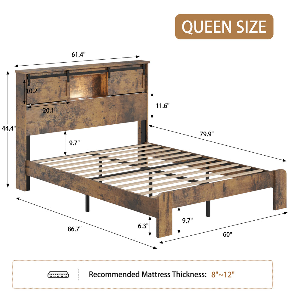 English Elm Queen Metal Platform Bed Dark Brown Storage Headboard with Usb Charging No Box Spring W636P419871