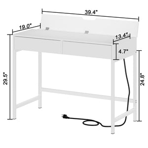 English Elm 40" Charging Station Desk with Built-In Outlets & USBs, 2 Drawers, Waterproof MDF, Compact Elegance White T3771P370772