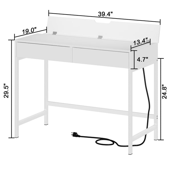 English Elm 40" Charging Station Desk with Built-In Outlets & USBs, 2 Drawers, Waterproof MDF, Compact Elegance White T3771P370772